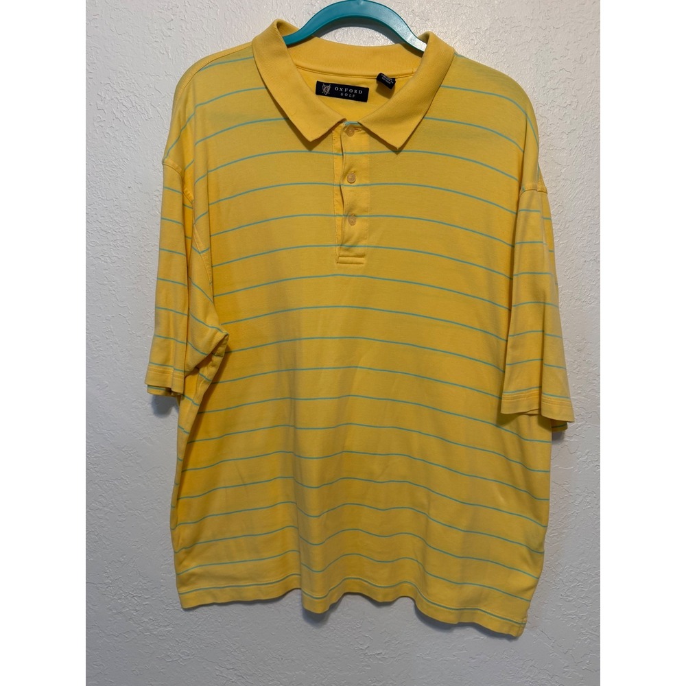 Oxford Golf Mens XL Polo Shirt Yellow Blue Striped Short Sleeve 100% Cotton